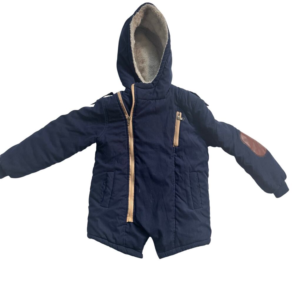Boys’ Winter Jacket Hood Navy with Cream Fleece Shell Zipper Pockets Warm Size 8